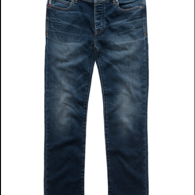 Calças de ganga azul escuro slim fit com detalhes desbotados e bolsos