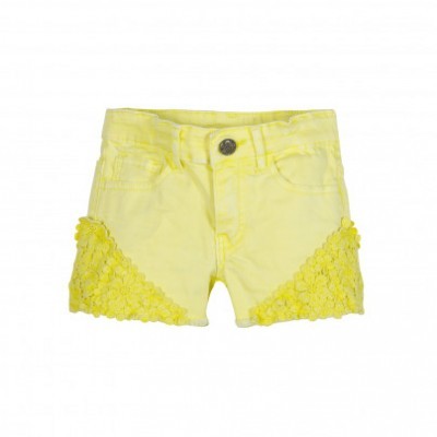 Calções de criança amarelos com detalhes em renda amarela