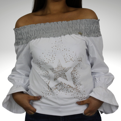 T-shirt branca ombro a ombro com estampado de estrelas brilhantes douradas