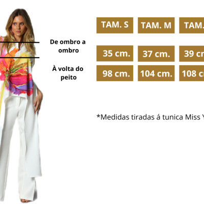 Modelo veste túnica floral colorida e calças brancas ao lado de tabela de tamanhos em português.