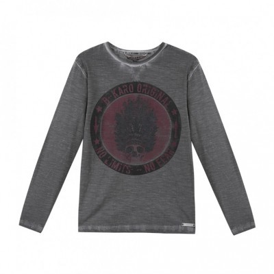 Camisola cinza escuro com estampa de caveira e texto