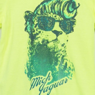 Camisola amarela com estampa de jaguar com óculos e texto Mick Jaguar