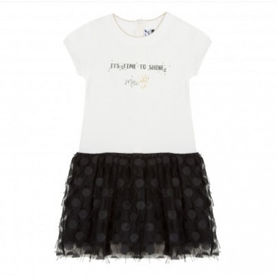 Vestido infantil branco com saia preta de bolinhas