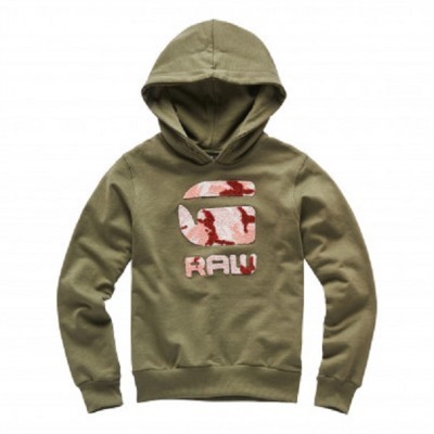 Camisola com capuz verde caqui com logótipo camuflado rosa e vermelho