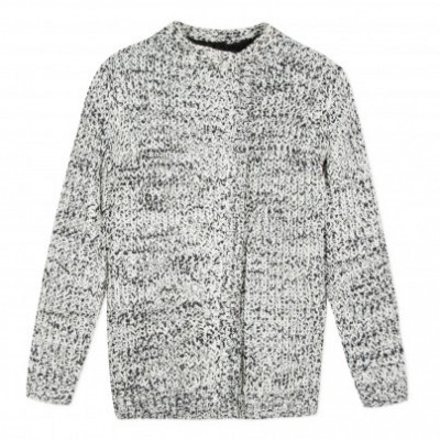 Cardigan de malha cinzento e branco com padrão texturizado e botões frontais