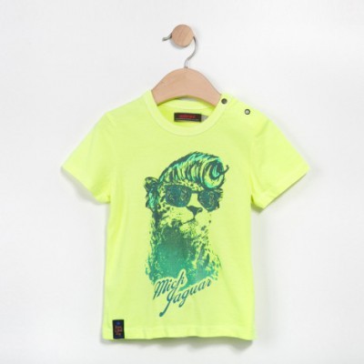 Camiseta infantil amarela fluorescente com estampa de animal e texto M!F Jaguar