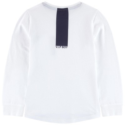Camisola branca de manga comprida para criança com faixa preta e texto V.I.P BOY