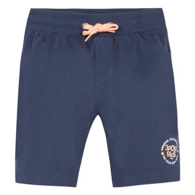 Calções azuis escuros com cordão de ajuste rosa claro e estampa lateral