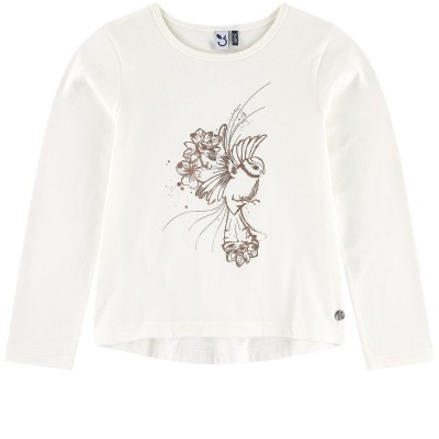 T-shirt branca manga comprida com estampa de pássaro e flores castanhas