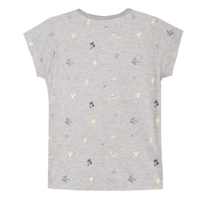 T-shirt cinzenta de manga curta com padrão multicolor em várias pequenas ilustrações e texto