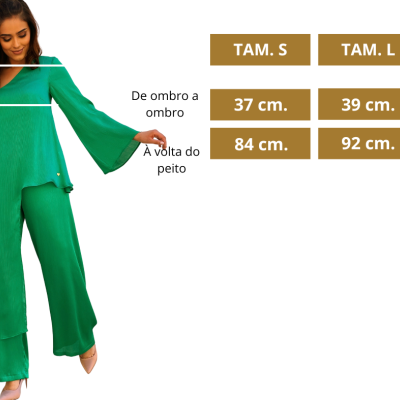 Conjunto verde com blusa de manga larga e calças largas e tabela de medidas