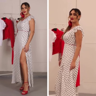 Vestido longo Branco com Bolinhas Pretas, Racha Lateral Elegante, Miss You