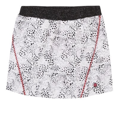 Saia branca com padrão de manchas pretas e cós elástico preto brilhante