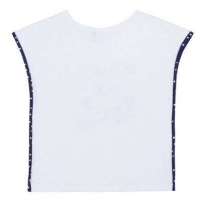 T-shirt branca com laterais em azul escuro com bolinhas brancas