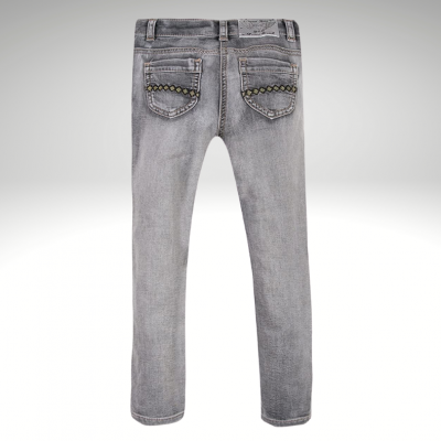 Calças de ganga cinza com bolsos decorados e etiqueta no cós