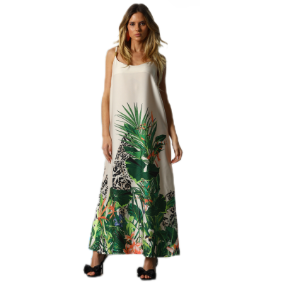 Vestido comprido bege com estampa de folhas e padrão animal