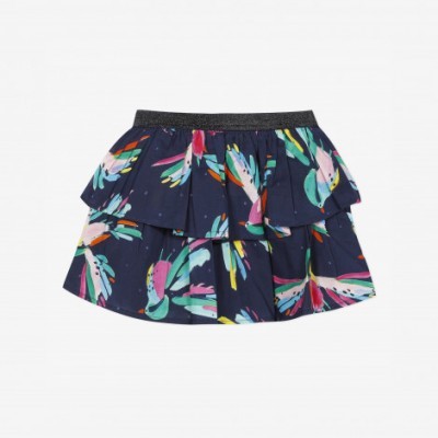 Saia curta azul escuro com padrão colorido de penas e cinto elástico preto glitterado