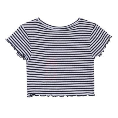 T-shirt cropped riscas pretas e brancas com textura canelada e bordas onduladas