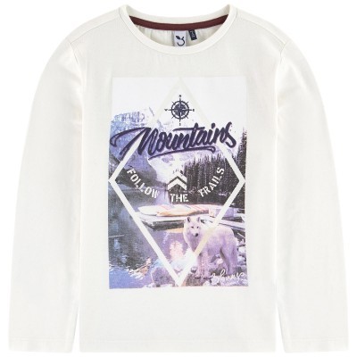 Camisola branca de manga comprida com estampado de montanhas, cão e texto