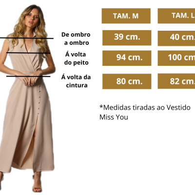 Vestido comprido bege com botões e tabelas de medidas para tamanhos M e L