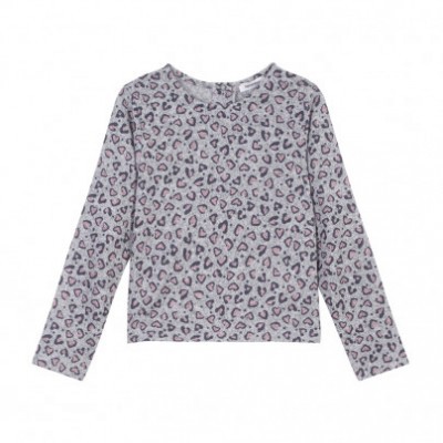 Camisola cinzenta com padrão de manchas de leopardo roxas e castanhas
