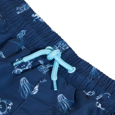 Shorts de banho azuis com padrão branco e cordão de ajuste azul claro