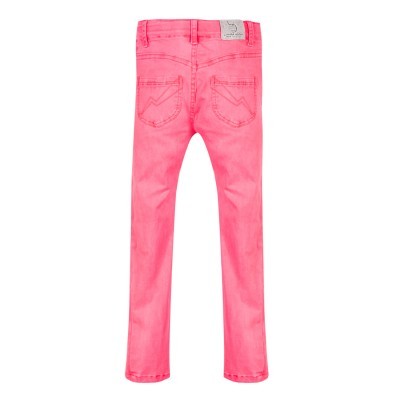 calças denim rosa vibrante para criança com bolsos traseiros e etiqueta de couro