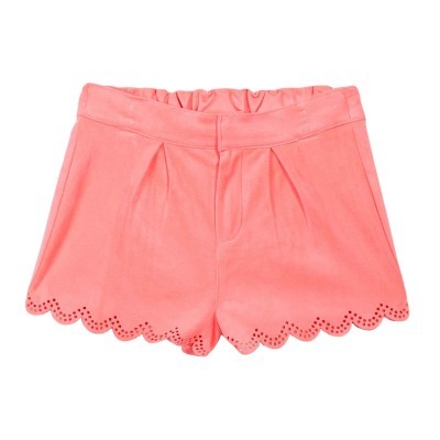 Calções rosa coral com bainha em ondas e cintura elástica