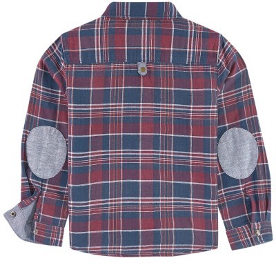 Camisa de criança às riscas azul e vermelha com cotoveleiras cinzentas
