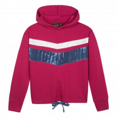 Sweatshirt com capuz rosa com padrão em V branco e azul aveludado