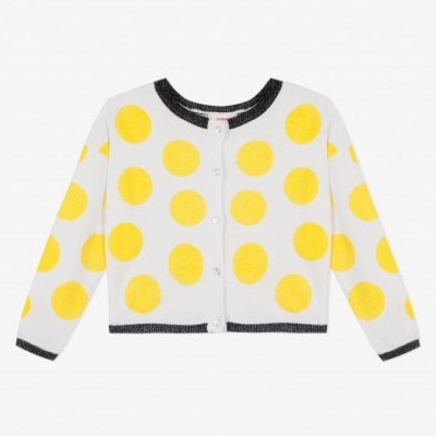 Camisola de malha branca com bolinhas amarelas e detalhes pretos brilhantes