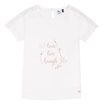 T-shirt branca para criança com estampado rosa e detalhes em renda nas mangas