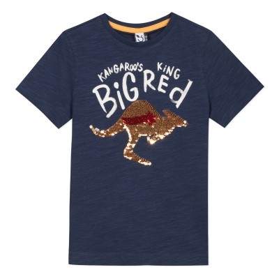 Camiseta azul escuro com estampa de canguru em lantejoulas e texto branco