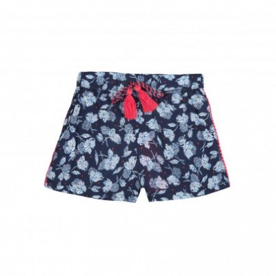 Calções de banho infantis azuis com padrão floral branco e cordão vermelho