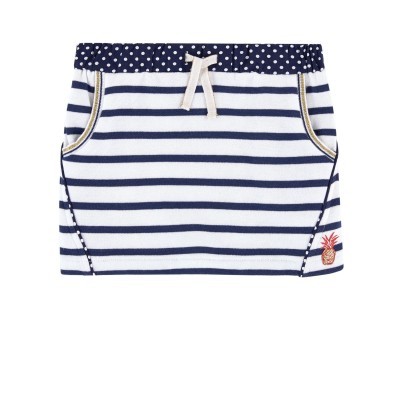 Mini saia riscas azul e branco com cós azul às bolinhas e bordado abacaxi