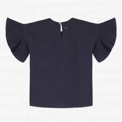 T-shirt azul escuro feminina com mangas largas em babado e botão atrás