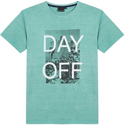 T-shirt verde água com texto DAY OFF e padrão de plantas