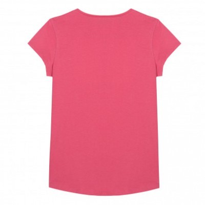 T-shirt feminina rosa de manga curta, vista de costas