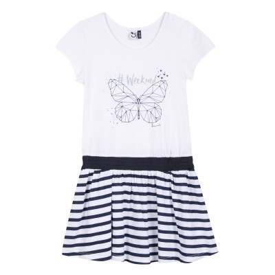 Vestido curto branco com borboleta e saia às riscas azul e branca