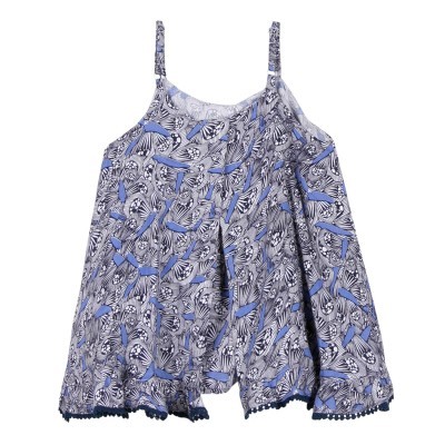 Vestido azul e branco para criança com padrão de folhas e flores pretas