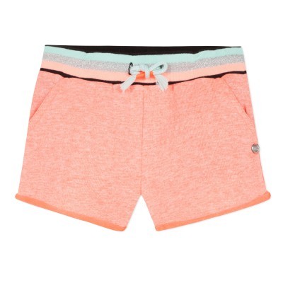 Calções cor de salmão com cós azul claro listrado e cordão branco