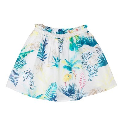 Saia infantil branca com padrão de folhas tropicais coloridas e cintura elástica