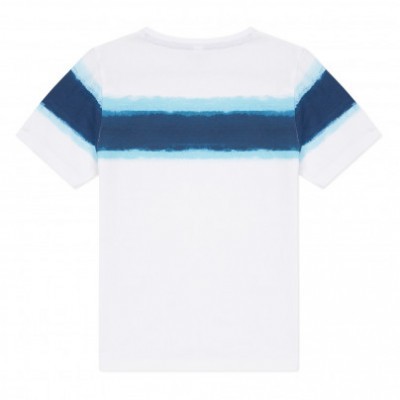 T-shirt branca com risca azul horizontal nas mangas
