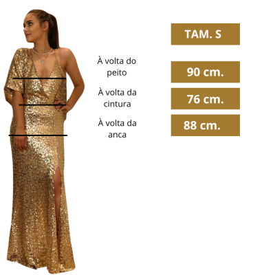 Vestido dourado comprido com lantejoulas e fenda, medidas Tamanho S