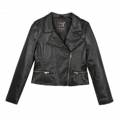 Casaco preto estilo biker de couro sintético com tachas e fecho de correr