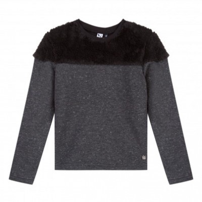 Camisola infantil cinza com detalhes em tecido peludo preto