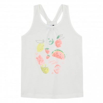 Camiseta branca de alças com estampado de frutas coloridas e texto 