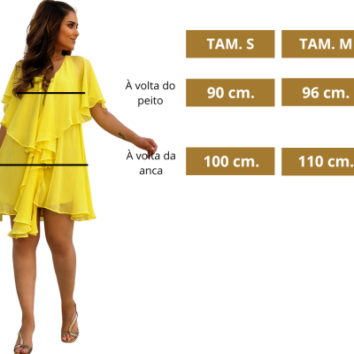 Vestido amarelo com folhos e tabela de medidas em português