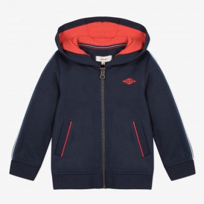 Casaco azul escuro para criança com capuz vermelho e fecho de correr