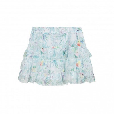 Saia feminina curta com padrão floral em tons pastel e várias camadas